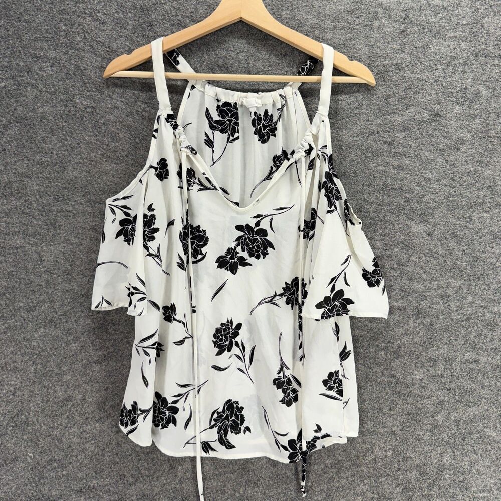 Sienna Sky Blouse Women L Large White Floral V-Neck Tasseled Cold Shoulder